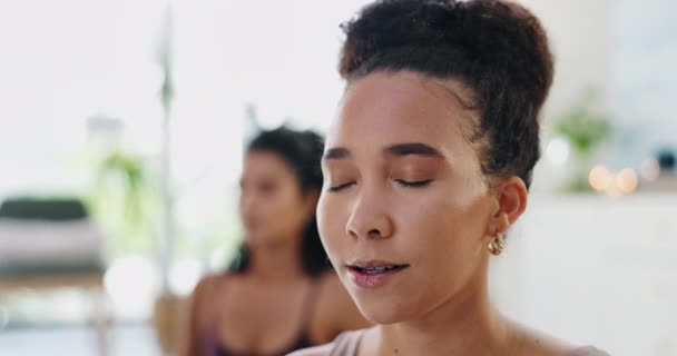 Meditation, woman and breathing class in home for health, wellness and care in living room. Calm, relax and peace of an African female person in a lounge with spiritual practice in a house for zen. - Felvétel, videó