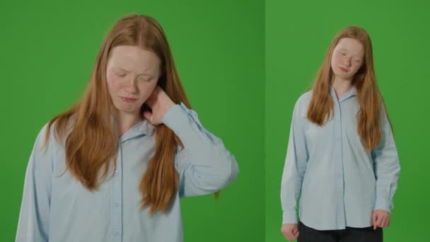 2-σε-1 Σπλιτ πράσινη οθόνη. Ένα έφηβο κορίτσι κάνει μασάζ στον πονεμένο λαιμό της, υποδεικνύοντας το σύνδρομο του εφηβικού γραφείου. Μια αναπαράσταση της φυσικής καταπόνησης από παρατεταμένο χρόνο οθόνης και ηρεμιστικό τρόπο ζωής - Πλάνα, βίντεο
