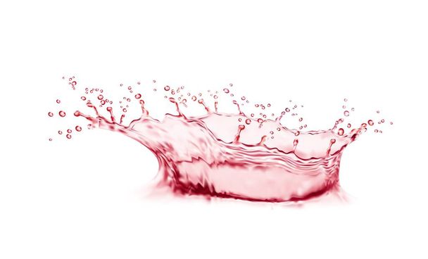Corona realistica di acqua rosa spruzzata con gocce schizzi, esplosione di liquido vettoriale. Corona scintillante di acqua rosa per succo di frutta o bevanda a base di bacche, vino rosato e fuoriuscita di bevande fruttate - Vettoriali, immagini