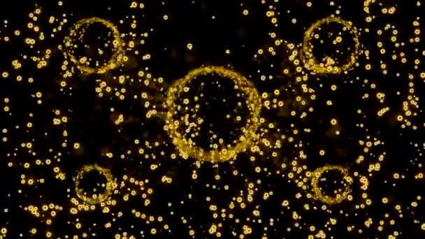 Fényes körök torzítják a buborékok áramlását. Tervezés. A felfelé haladó buborékok fekete hátterű haldokló körök. A buborékok áramlásának térbeli torzulása körök formájában.  - Felvétel, videó