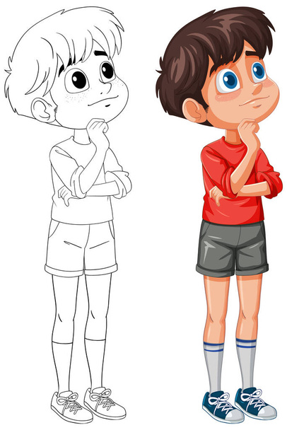 Two cartoon boys thinking, one colored, one sketched. - Vector, Image