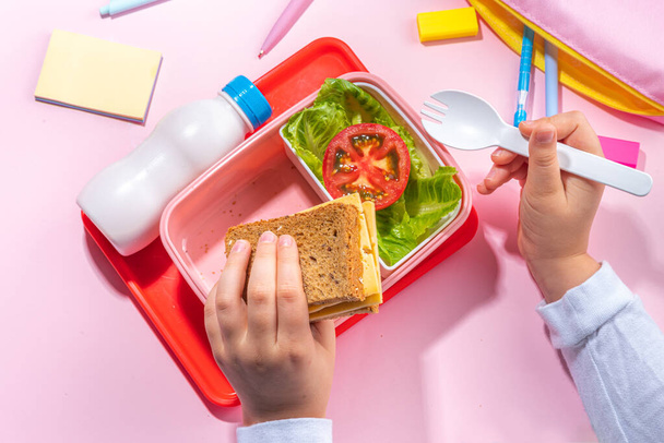 Healthy school meal, back to school concept. Children packed lunch box with balanced diet snack food - yogurt, cereal toast sandwich, apple, fresh vegetable salad, high-colored bright background - Fotoğraf, Görsel