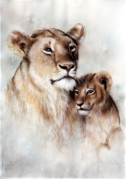 愛情のあるライオンの母親と彼女の赤ちゃん赤ちゃんの美しいエアブラシの絵画 - 写真・画像