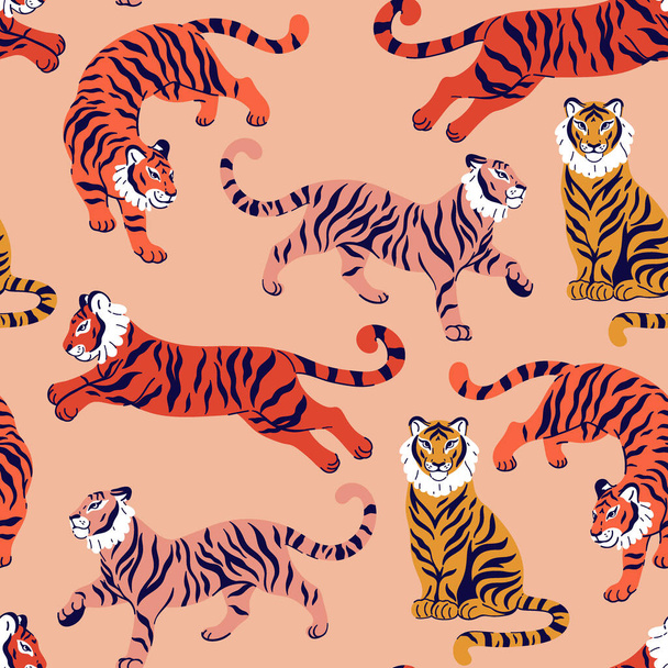 Безшовний візерунок з дикими тиграми в помаранчевому і жовтому кольорах. Векторне зображення. - Вектор, зображення