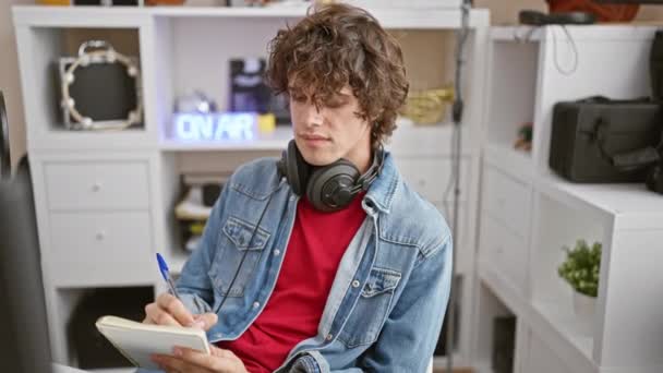 Kręcone włosy mężczyzna w dżinsowej kurtce pisze w notatniku, siedząc w studio muzycznym ze słuchawkami na szyi. - Materiał filmowy, wideo