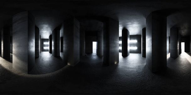 Un corridoio scarsamente illuminato con una sorgente di luce visibile all'estremità, creando un senso di anticipazione. equirettangolare 360 gradi panorama vr contenuto realtà virtuale - Foto, immagini