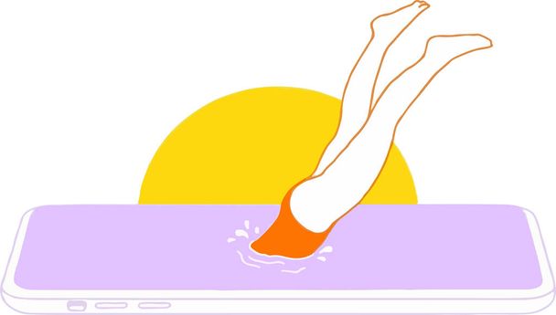 mulher nadando no mar ao pôr do sol, ilustração vetorial - Vetor, Imagem
