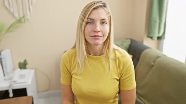Attraktive blonde Frau in einem T-Shirt, die heimlich ihre Lippen mit dem Finger reißt und im Komfort ihres Hauses eine stille Kommunikation aufrechterhält. - Filmmaterial, Video