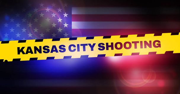 Kansas City Shooting Konzept Hintergrund mit Polizei Lichter und schwenken Flagge hinter. Gelbe Warnleine Nachrichtenkonzept Hintergrund - Foto, Bild