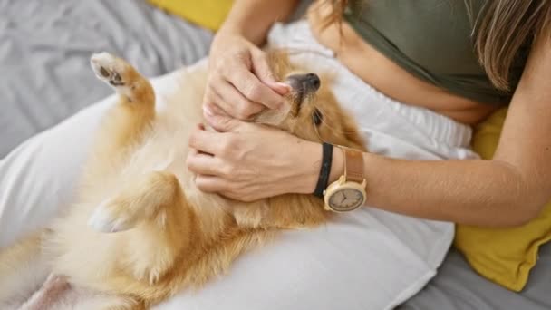 Retrato expresivo de una hermosa mujer sentada en su cama, tocando a su perro mascota con las manos tiernas en la comodidad de su dormitorio interior - Metraje, vídeo