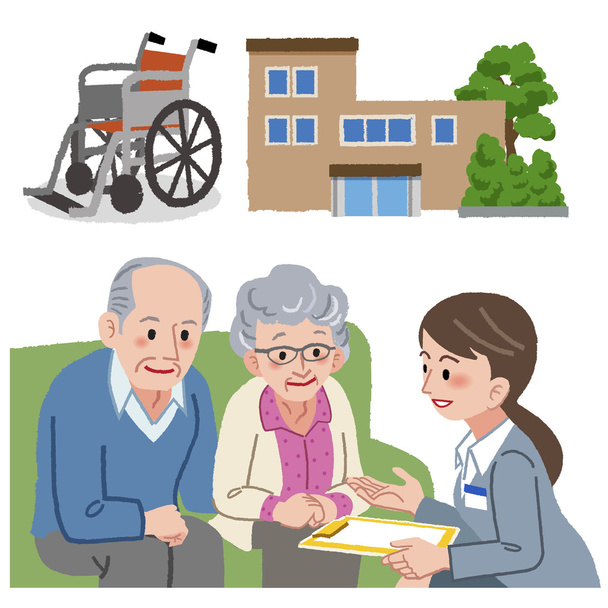 Пара пожилых людей консультируется с менеджером по уходу за пожилыми людьми
.  - Вектор,изображение