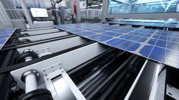 大型アセンブリラインの太陽光発電モジュールを取り扱う最先端のソーラーパネル倉庫の機械. 持続可能な会社が施設で太陽電池を製造したショットを閉じ,3Dイラスト - 写真・画像