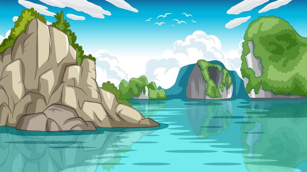 Calm waters surrounded by vibrant forested cliffs - Vector, Image