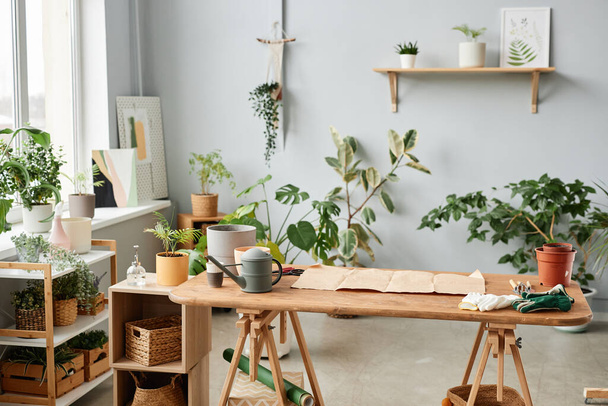 Immagine di sfondo della stazione di potting con tavolo in legno e piante verdi lussureggianti, copiare spazio - Foto, immagini