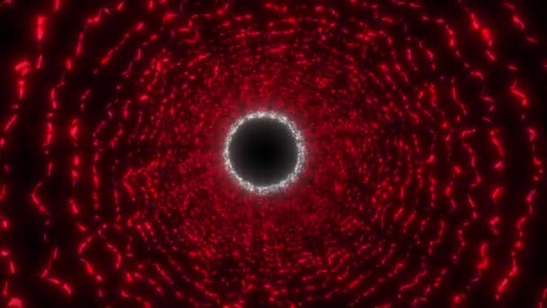 Fliegen durch einen roten Neon-Tunnel mit einem weißen Ende auf einer schwarzen Leinwand. Archivvideo futuristischer Weihnachtslichter in 4K. Stimmung von Magie, Urlaub, Weihnachten, Liebe. Abstrakter Hintergrund mit Tunnel und Neon. - Filmmaterial, Video