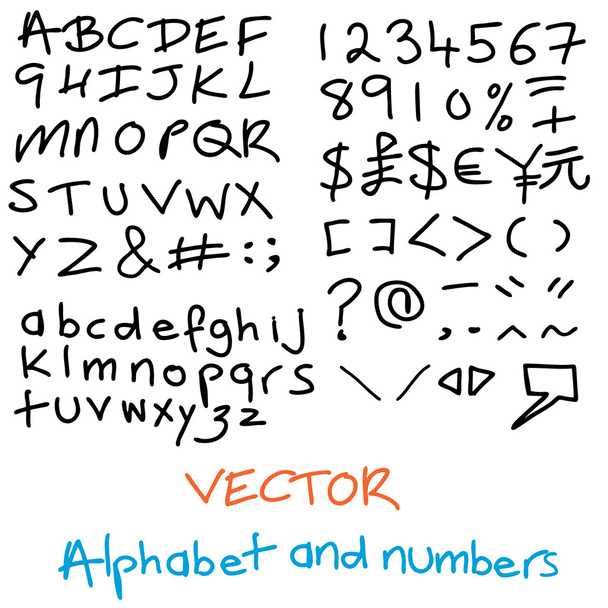 Handgeschriebenes Alphabet mit Zahlen und Zeichen - Vektor, Bild