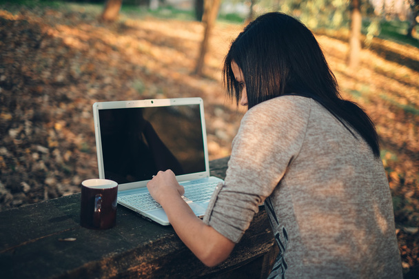 Girl and a laptop in the park - Photo, Image
