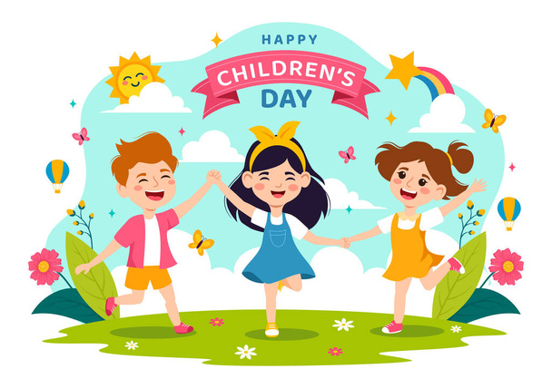 Happy Children 's Day Vector Illustration mit Kindern Miteinander in Kinder Feier Cartoon Heller Himmelblau Hintergrund und Green Field Design - Vektor, Bild