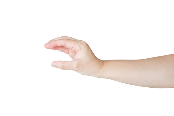 Nő kéz gesztus gazdaság valami elszigetelt fehér háttér - Fotó, kép