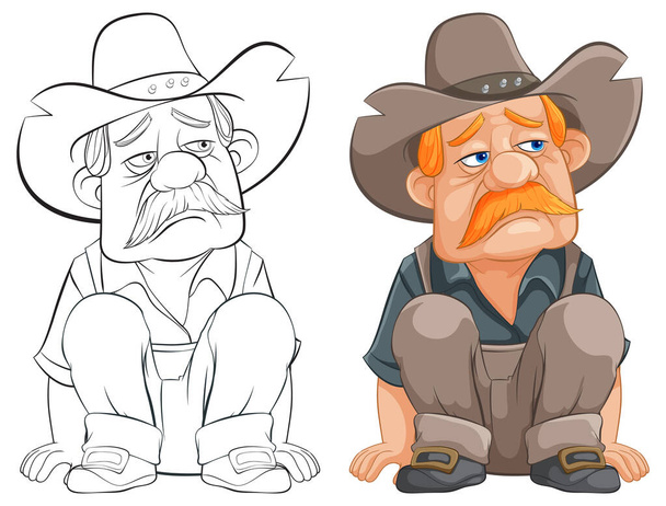Two cartoon cowboys with somber expressions sitting. - Vector, Image