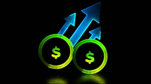 Looping neon glow effect Money icon with financial graph showing up. Black background - Photo, Image