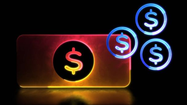 Looping neon glow effect Financial banknotes and coins icons, black backgroun - Photo, Image