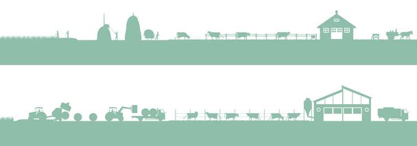 Lechería. Trabajos de vacas lecheras, graneros y pastos. Silueta ilustración de los cambios en el trabajo actual y pasado - Vector, Imagen