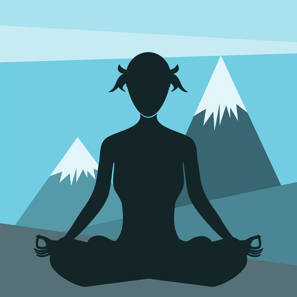 donna che fa yoga in montagna - vettore di design piatto
 - Vettoriali, immagini