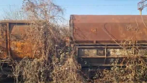 Simeria, Ρουμανία - 07 Ιανουαρίου 2024: Παλιές σκουριασμένες εμπορευματικές αμαξοστοιχίες στη σιδηροδρομική διαλογή Simeria στην επαρχία Hunedoara. - Πλάνα, βίντεο