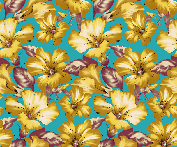 Seamless retro floral pattern with watercolor effect. Golden, yellow flowers on a light background. Autumnal leaves seamless pattern in yellow, orange and brown colors for seasonal or wallpaper design. - Photo, Image