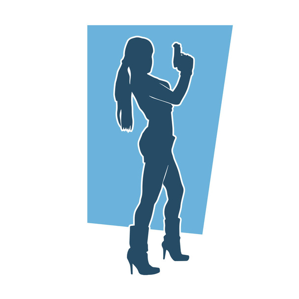 Silhouette d'une femme en tenue féminine en pose portant une arme de poing ou de pistolet. - Vecteur, image