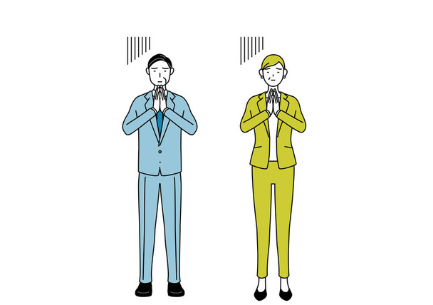 Eenvoudige lijn tekening illustratie van zakenman en zakenvrouw (senior, executive, manager) in een pak verontschuldigen met zijn handen voor zijn lichaam. - Vector, afbeelding