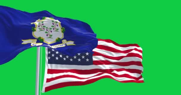 Il Connecticut e gli Stati Uniti sventolano bandiere isolate su sfondo verde. Animazione di rendering 3D senza interruzioni. Schermo verde. Chiave cromatica. Canale alfa. Ciclo del rallentatore. 4K - Filmati, video