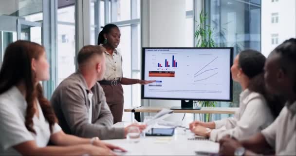 Talking, black woman or screen for graphs presentation, business or data analysis for growth charts. Infographics, financial statistics or African speaker teaching for budget on monitor in meeting. - Footage, Video
