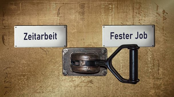 Egy kép egy táblával, ami két különböző irányba mutat németül. Az egyik irány az állandó munkahely felé mutat, a másik pedig az ideiglenes munka felé.. - Fotó, kép