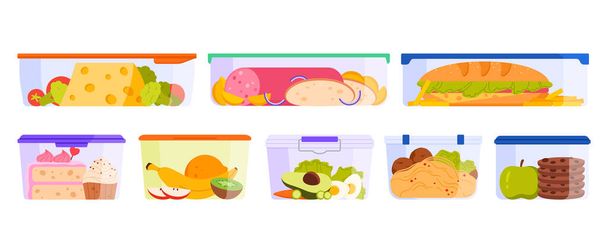 Plastikowe pojemniki na żywność. Przezroczyste prostokątne pudełka z pokrywką, świeże i gotowane resztki po obiedzie, całe i cięte owoce i warzywa na pikniki, kanapki wektor kreskówki ilustracja - Wektor, obraz