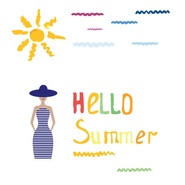 Concept d'été romantique avec soleil aquarelle, texte et fille en robe de style marin
. - Vecteur, image