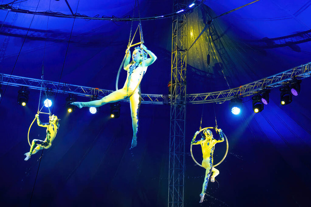 Monachium, Niemcy, 13 grudnia 2023: Elastyczni młodzi gimnastycy wykonują sztuczki na wysokości, pod cyrkowym wielkim dachem. Hoop show jest najwyższej klasy.. - Zdjęcie, obraz