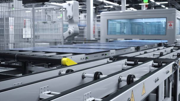 アセンブリライン上の太陽光発電モジュールを扱う最先端のソーラーパネル倉庫で自動化されたロボットアーム. グリーンテクノロジー施設で太陽電池を製造する会社,3Dイラスト - 写真・画像