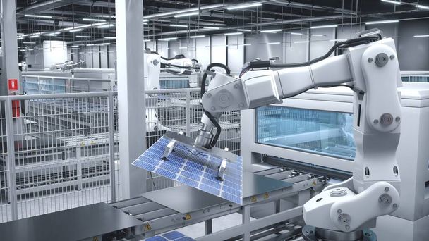 Autonóm robotkar az élvonalbeli napelem-gyárban, fotovoltaikus modulokat manőverezve. Környezetbarát létesítményben gyártott fotovillamos cellák összeszerelő vonalakkal, 3D renderelő animációval - Fotó, kép