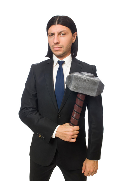 Hombre de negocios guapo sosteniendo martillo aislado en blanco
 - Foto, Imagen
