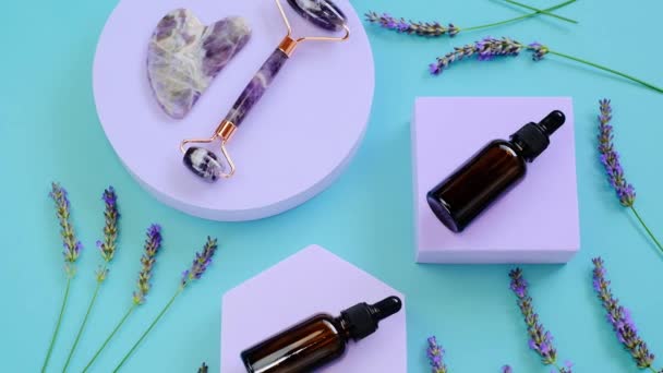 Guasha apparaten voor het gezicht en lavendel essentiële olie. Lavendel olie in glazen donkere flessen en gua sha roller en schraper op paarse platforms op een turquoise achtergrond. - Video