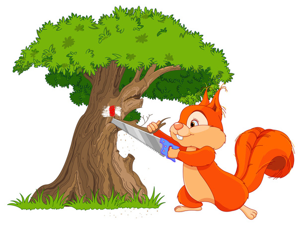 Funny squirrel saws tree branch - Διάνυσμα, εικόνα