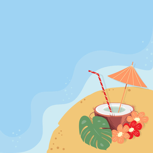 Napůl kokosový ořech, koktejlová sláma a uvnitř deštník s květinami a monstrózními listy na mořské pláži. Rozumím. Izolovat. EPS. Vektor na karty, plakáty, bannery, brožury nebo web, cenovka, etiketa - Vektor, obrázek