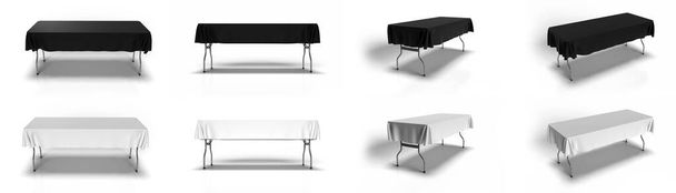 Diferentes vistas de un paño de tabla de media gota cubierto sobre una mesa de caballete en blanco y negro. Ilustración 3D Render - Foto, Imagen