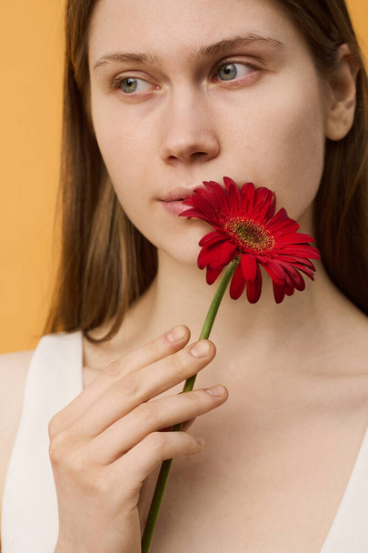 Ρομαντικό γονίδιο Ζ Καυκάσιος κορίτσι με μακριά καστανά μαλλιά κρατώντας κόκκινο λουλούδι ζέρμπερα στο πρόσωπό της, κοιτάζοντας μακριά - Φωτογραφία, εικόνα