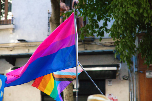 La bandera bisexual y la bandera del orgullo gay progresivo ondean en el evento del orgullo gay de Sevilla. Concepto de igualdad y derechos de los homosexuales - Foto, imagen