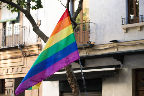 スペインのセビリアでゲイとLGBTQの権利のデモ中にゲイ虹の旗. 平等とゲイの権利の概念 - 写真・画像