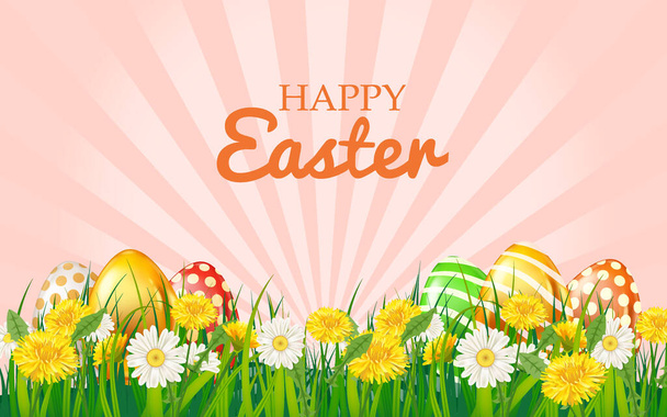 Boldog húsvéti tojás színes, zöld fű százszorszép és pitypang virágok, háttér, vektor illusztráció banner - Vektor, kép