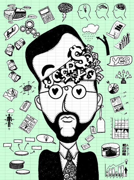 Hand drawn Businessman thinking of business concept - Vector, Image